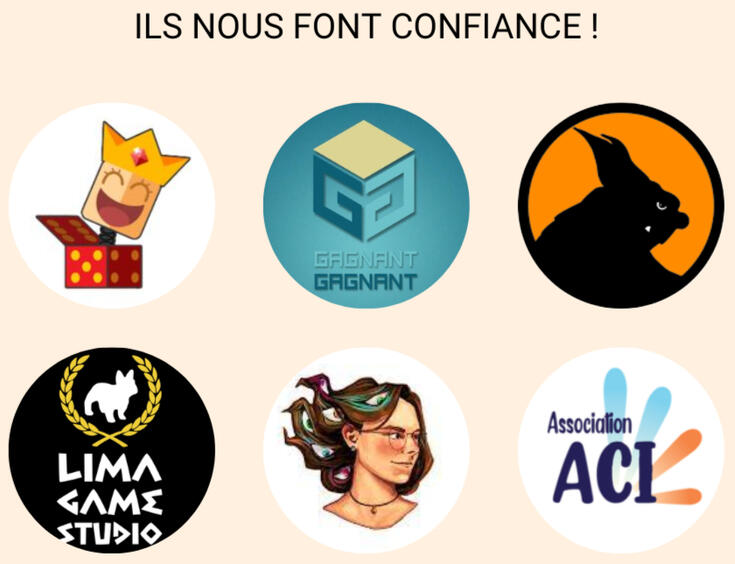 Logo de nos partenaires : La guilde du dé libéré, gagnant gagnant, troll me tender, Lima Game studio, Nahasia, ACI aide à la création indépendante